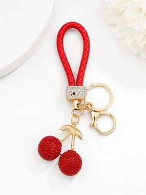 Red Cherry Crystal Key & Card Holder with Gold Hardware